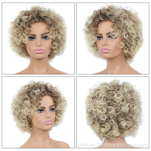 Big Afro Kinky Curly Short Synthetic Wigs Mixed Dark Light Brown 12inch For America Africa Women Hair Cosplay Heat Resistant